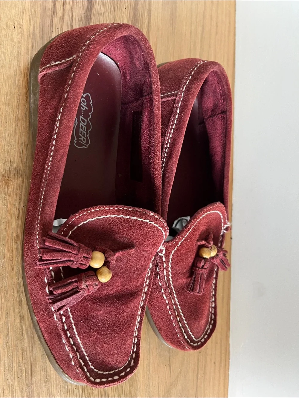 Oh Deer! Kids Burgundy Suede Tassel Loafers with Wooden Beads